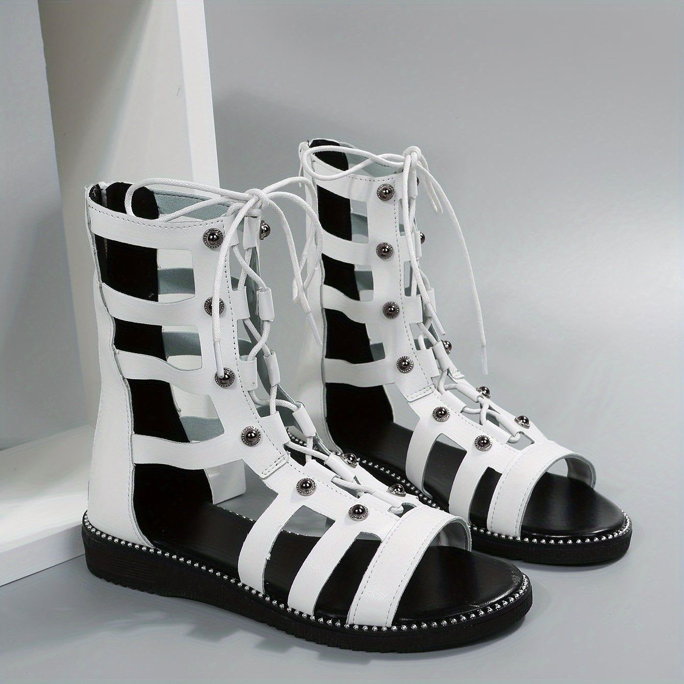 Women's Back Zipper Flat Sandals Comfortable Round Open Toe Lace Up Shoes