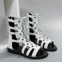 Women's Back Zipper Flat Sandals Comfortable Round Open Toe Lace Up Shoes