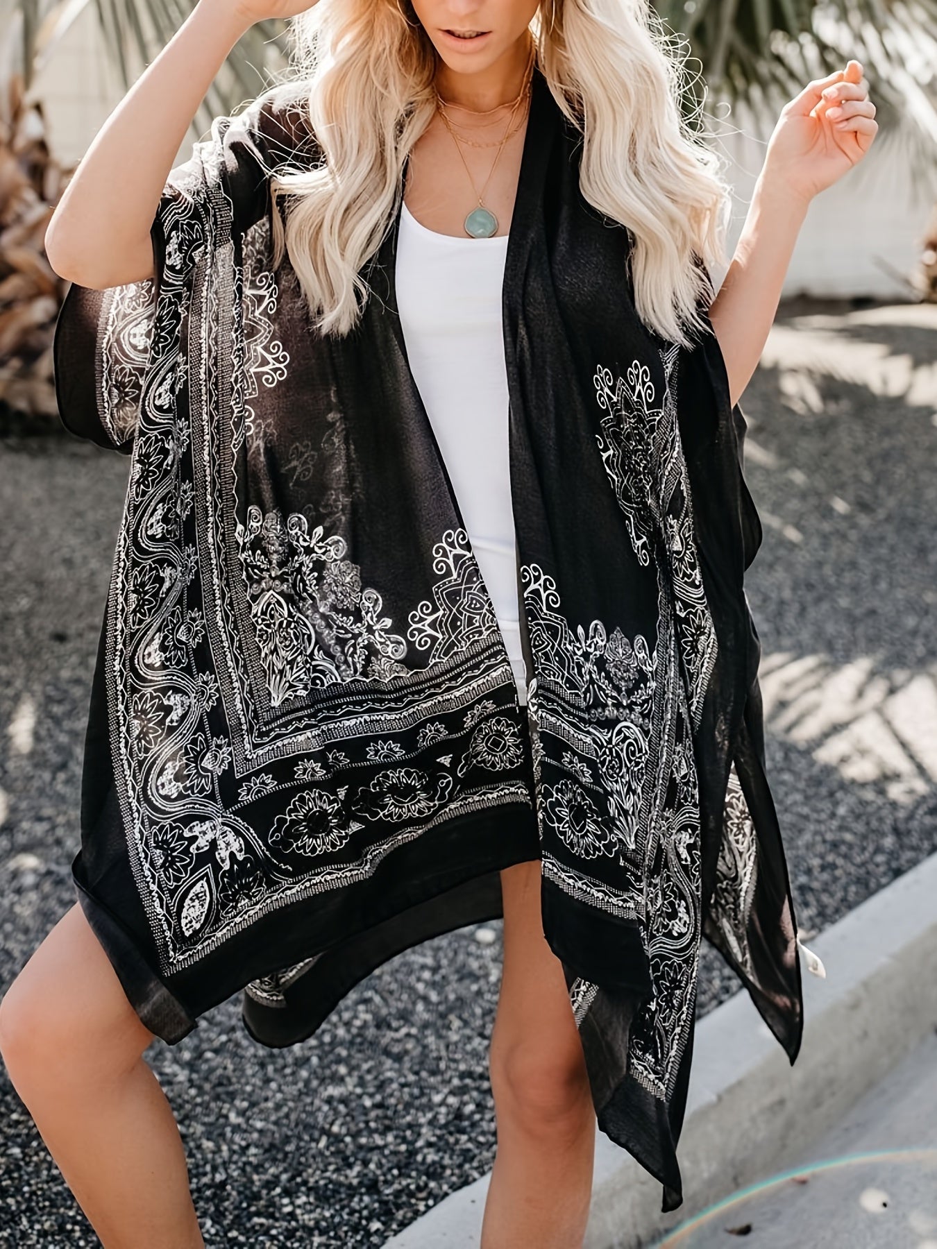 Paisley Print Cape Sleeve Beach Cover Up