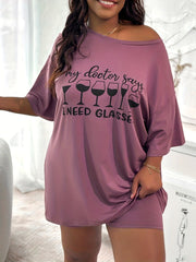 Women's Plus Size Wine Glasses Print Tee & Shorts Pajama Set
