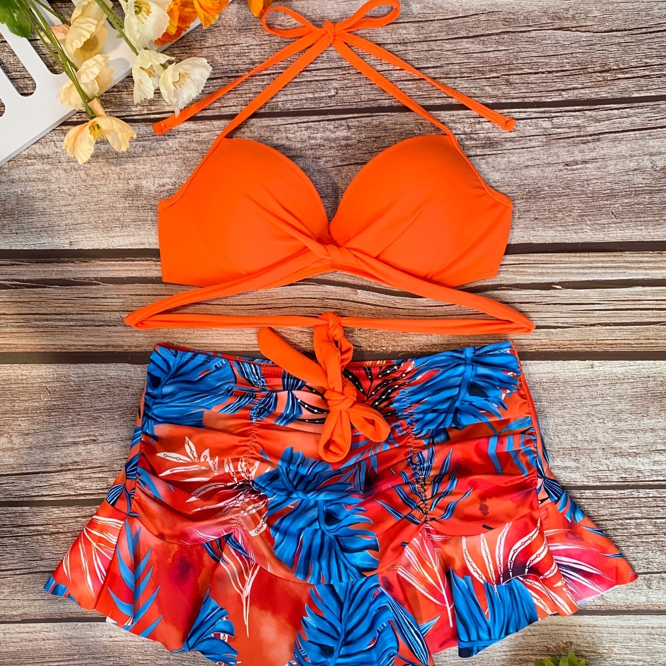 Leaf Print Ruched Skirted Swimsuit Set Tangerine Criss Cross 2 Piece Bikini