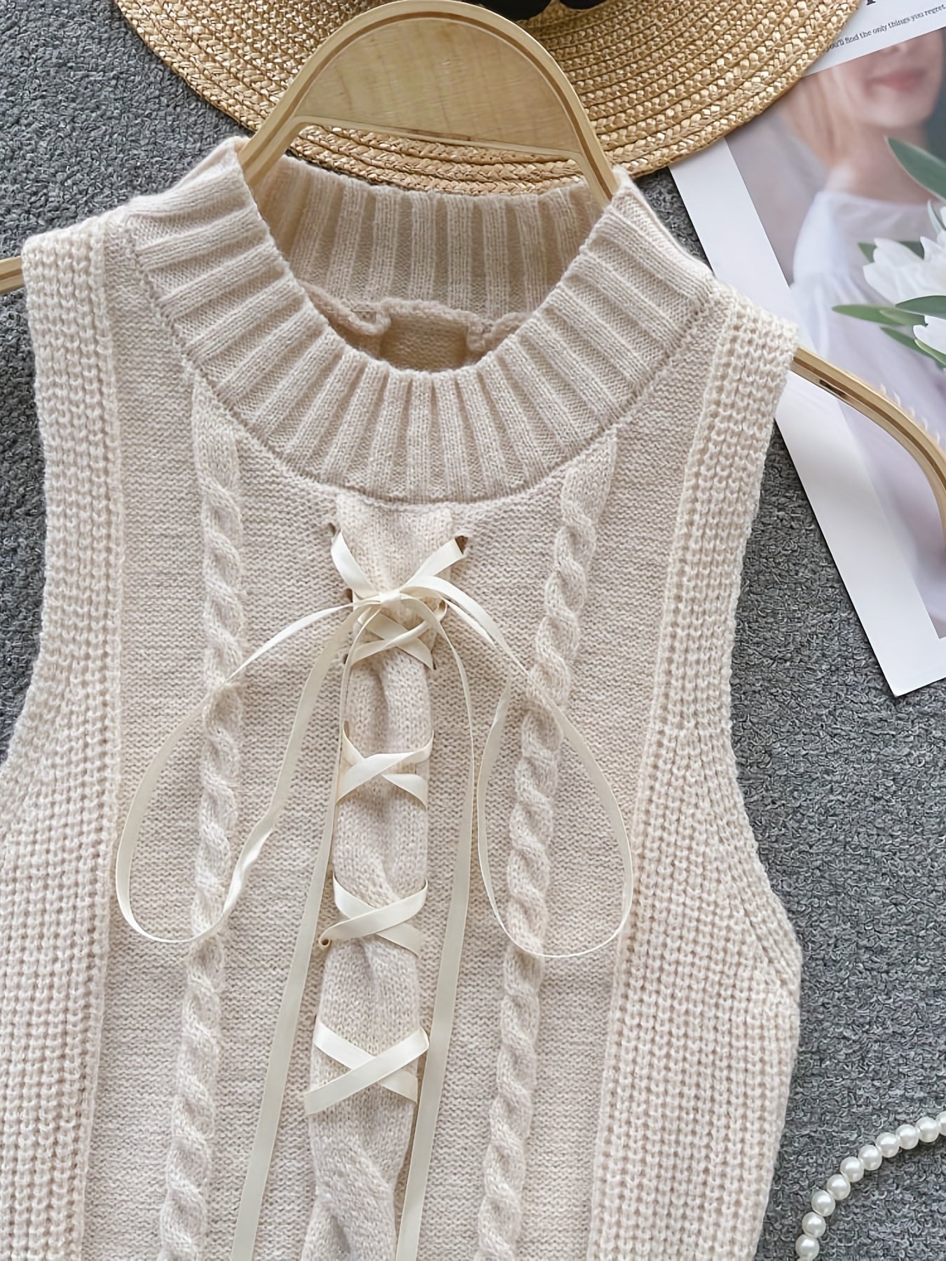 Solid Color Tie Front Vest Sleeveless Crew Neck