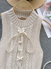 Solid Color Tie Front Vest Sleeveless Crew Neck
