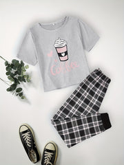 Ice Cream & Plaid Pajama Set Short Sleeve Crew Neck Top & Pants