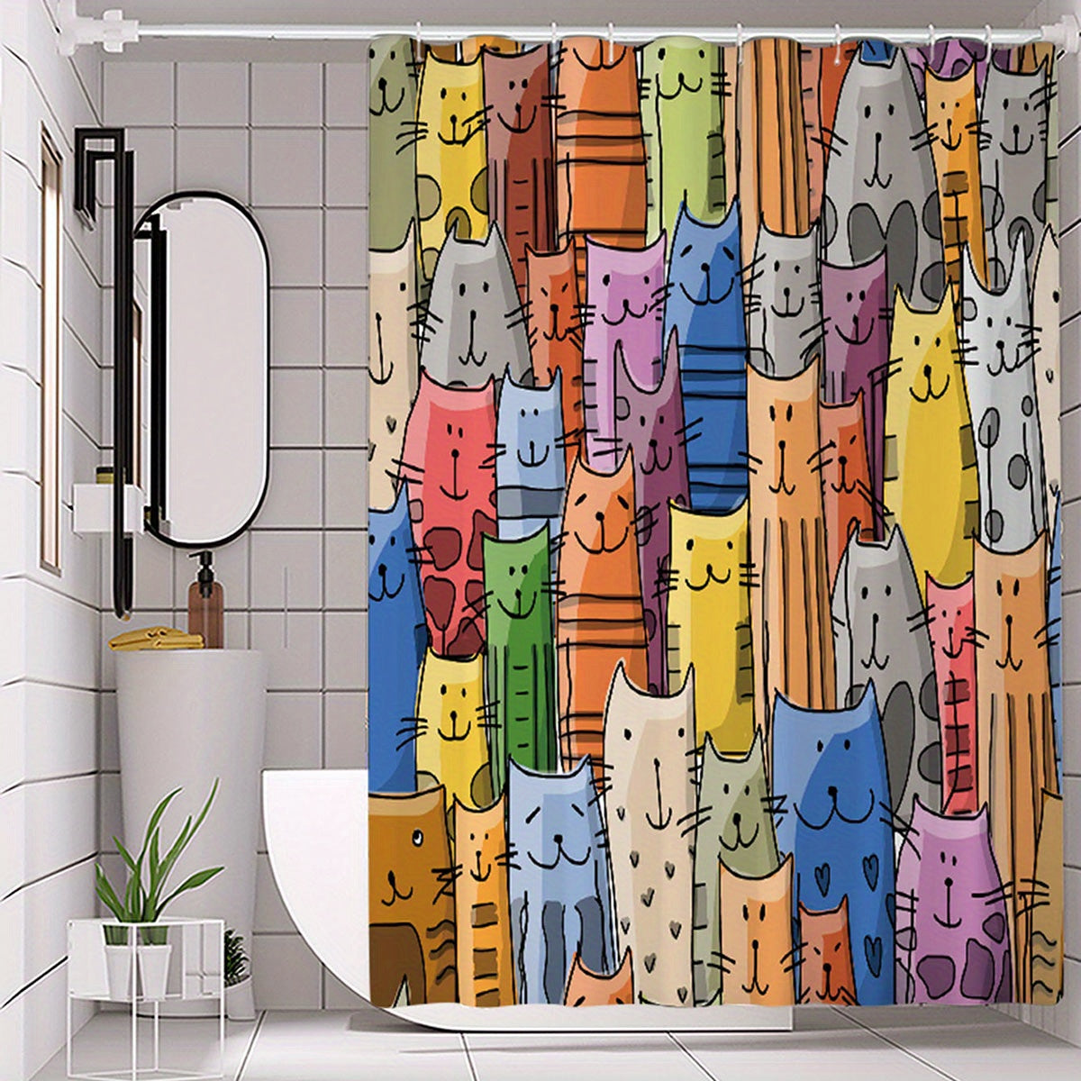 Cartoon Cat Shower Curtain Waterproof Mildew Proof Bathroom Decor