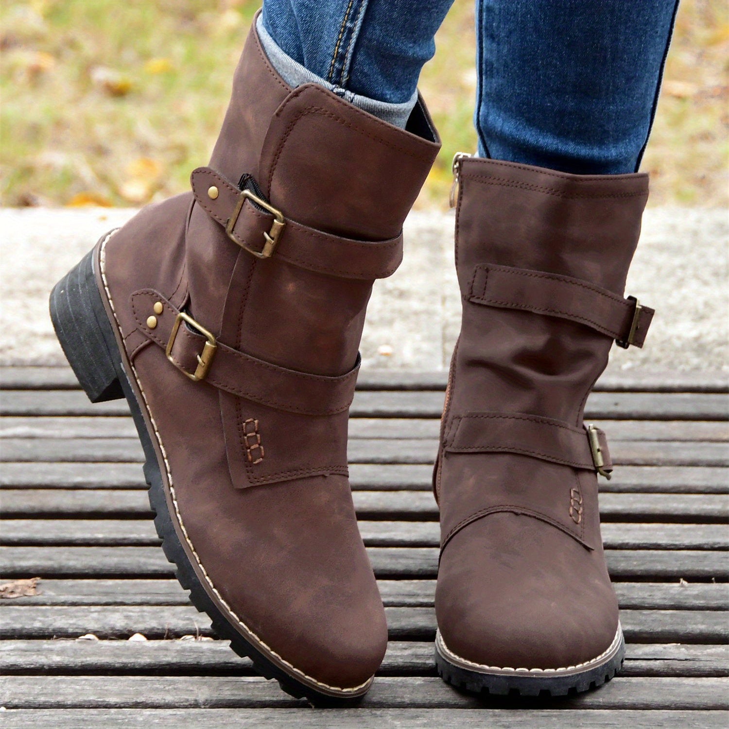 Women's Retro Mid Calf Boots Double Buckle Strap Side Zipper Shoes