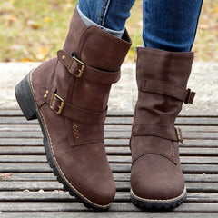 Women's Retro Mid Calf Boots Double Buckle Strap Side Zipper Shoes