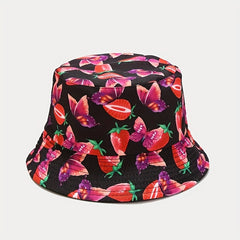Strawberry Butterfly Print Bucket Hat Reversible Cartoon Fisherman Cap