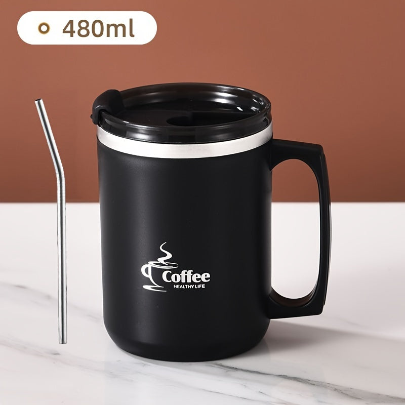 480ml Stainless Steel Water Cup with Straw and Handle, Leakproof Coffee Mug