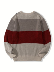 Knitted Block Sweater Men's Casual Warm Crew Neck Pullover For Men