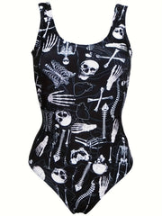 Skeleton Print Round Neck One Piece Bathing Suit