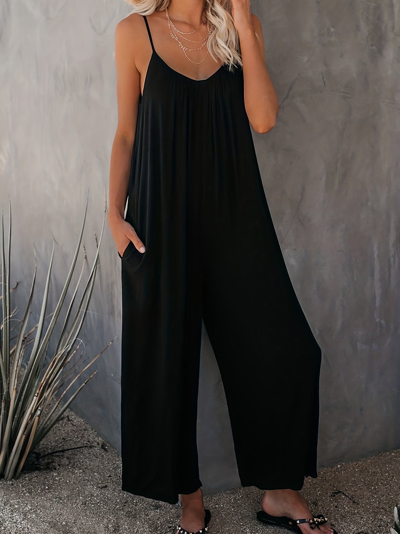 V-Neck Wide Leg Jumpsuit with Pockets