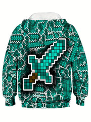 Green Sword Print Boys Hoodie for Spring Fall