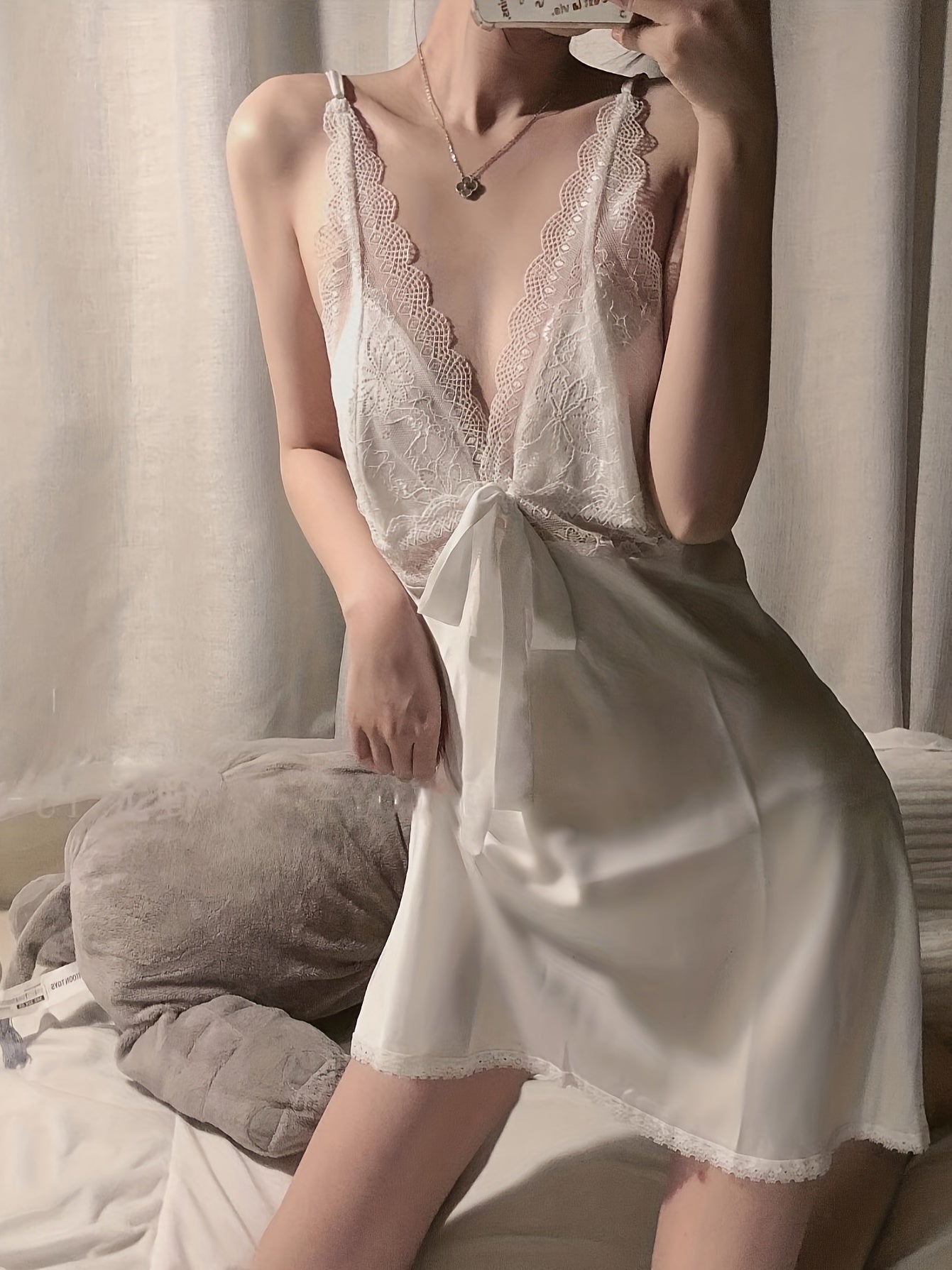 Lace Satin Nightdress Deep V Backless Sleepwear