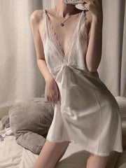 Lace Satin Nightdress Deep V Backless Sleepwear