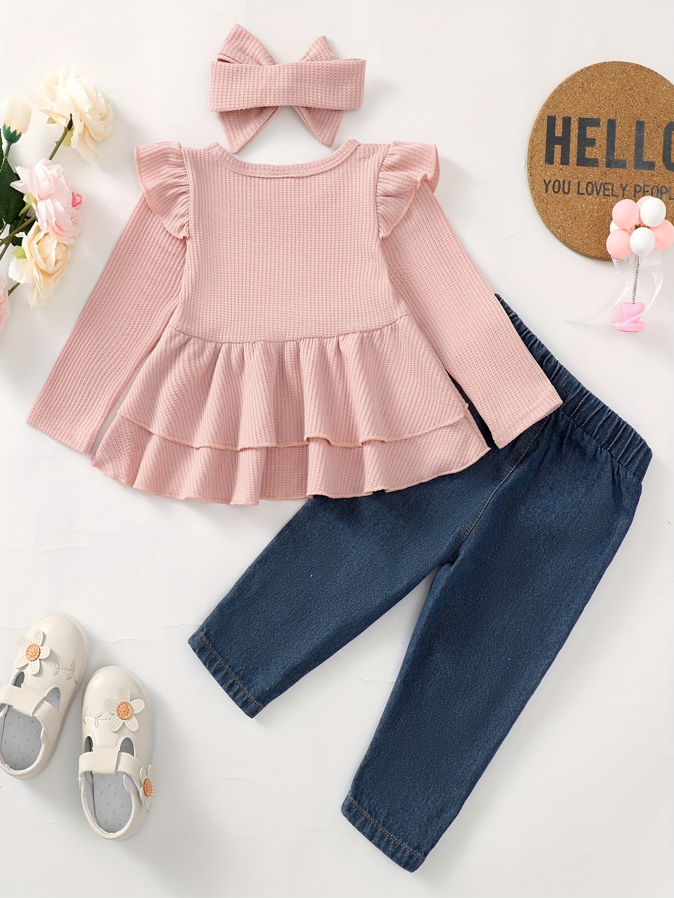 2pcs Girls Regular Sleeve Top & Denim Pants For Kids Clothes