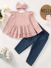 2pcs Girls Regular Sleeve Top & Denim Pants For Kids Clothes