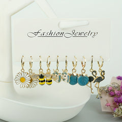 5pairs Girls Cartoon Earrings Bee Flower Unicorn Flamingo Shell Pendant Earrings