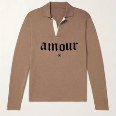 Amour Pattern Knit Polo Shirt Men's Casual Lapel Stretch V Neck Pullover Sweater