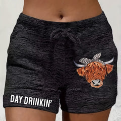 Heifer Print Drawstring Shorts for Women