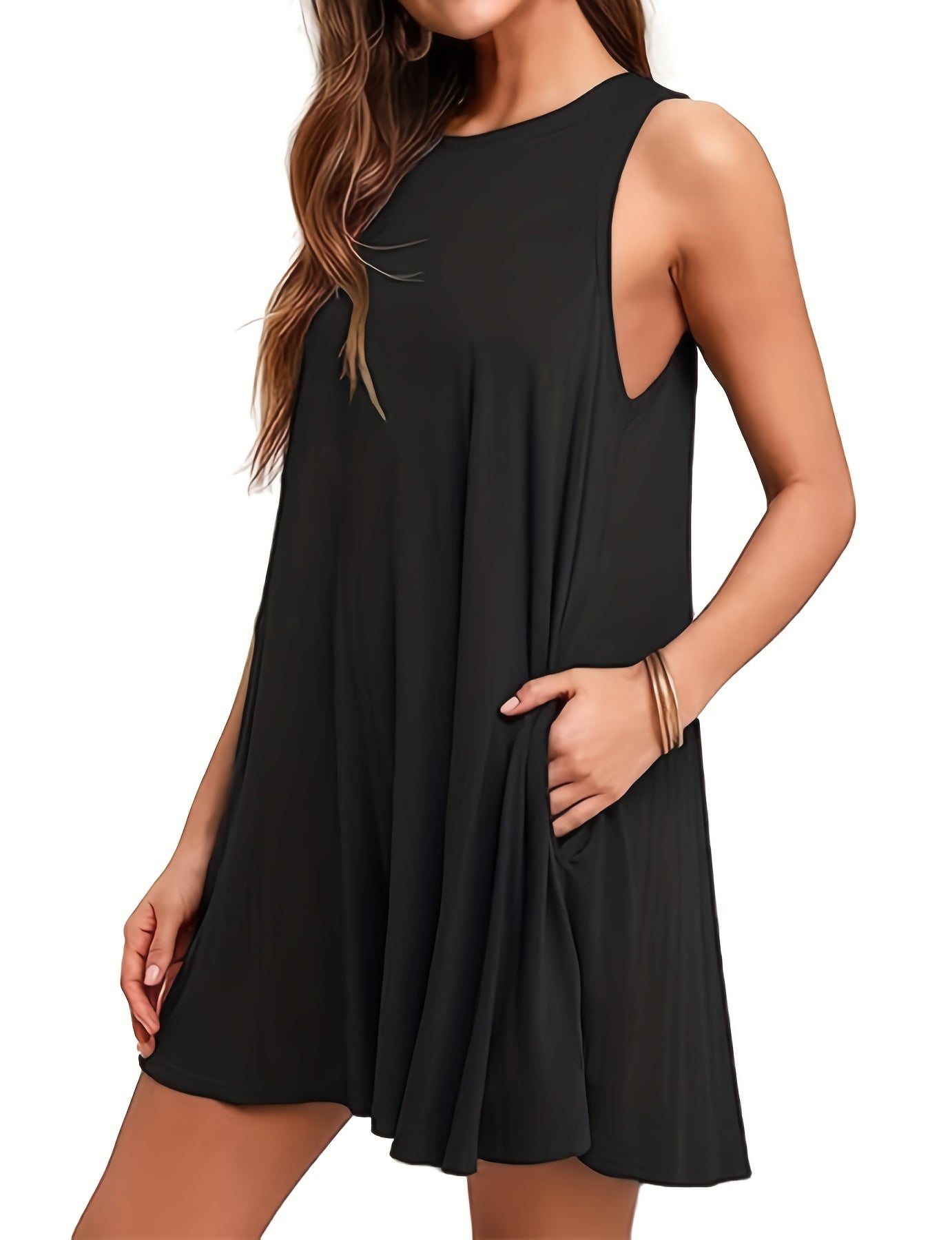 Solid Tank Dress Casual Crew Neck Sleeveless Mini Dress