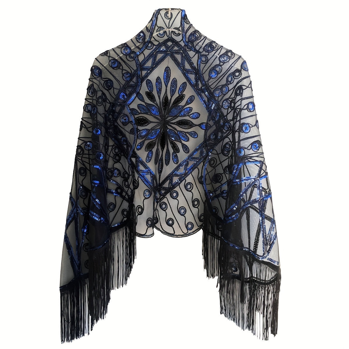 1920s Sequin Beaded Shawl Leaf Embroidery Tassel Cape