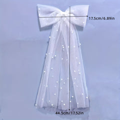 Bowknot Mesh Hair Clip with Faux Pearl Barrette for Women