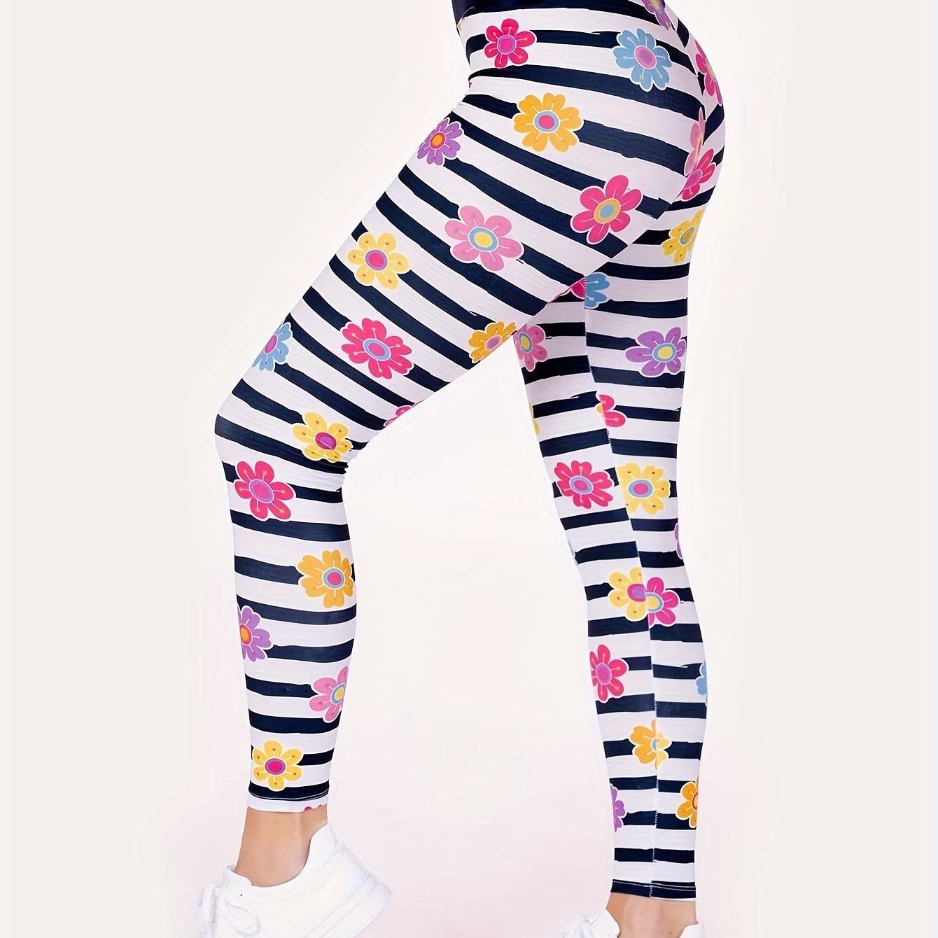 Stripe & Floral Print High Rise Skinny Leggings