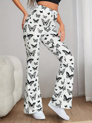 Butterfly Print Flare Leg Pants Casual Forbidden Pants