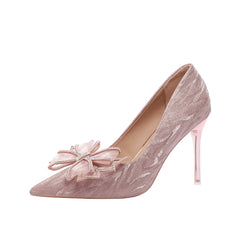 Bow Decor Pointed Toe Pumps High Heeled Wedding Bridal Shoes