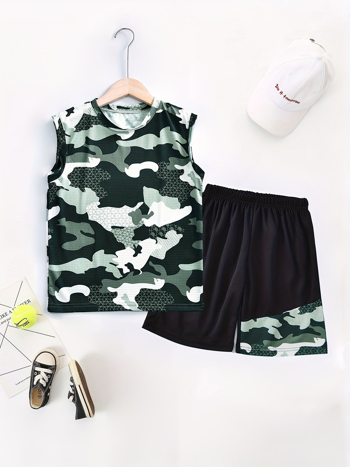 2pcs Camo Boys Sleeveless Tank Tops&Shorts Set Crew Neck Fitness Vest&Shorts