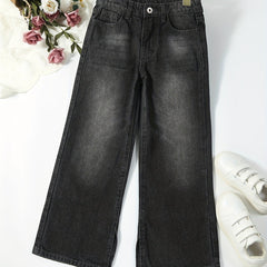 Girls Side Split Wide Leg Vintage Denim Pants For Street Casual Outfit