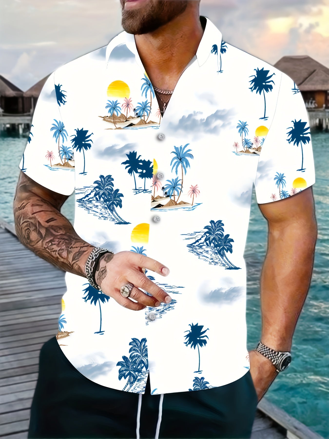 Men's Palm Trees Beach Print Short Sleeve Button Up Shirt