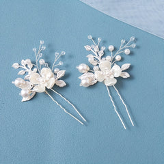 2pcs Leaf Faux Pearl Crystal Hairpin for Wedding Bridal Hair Access