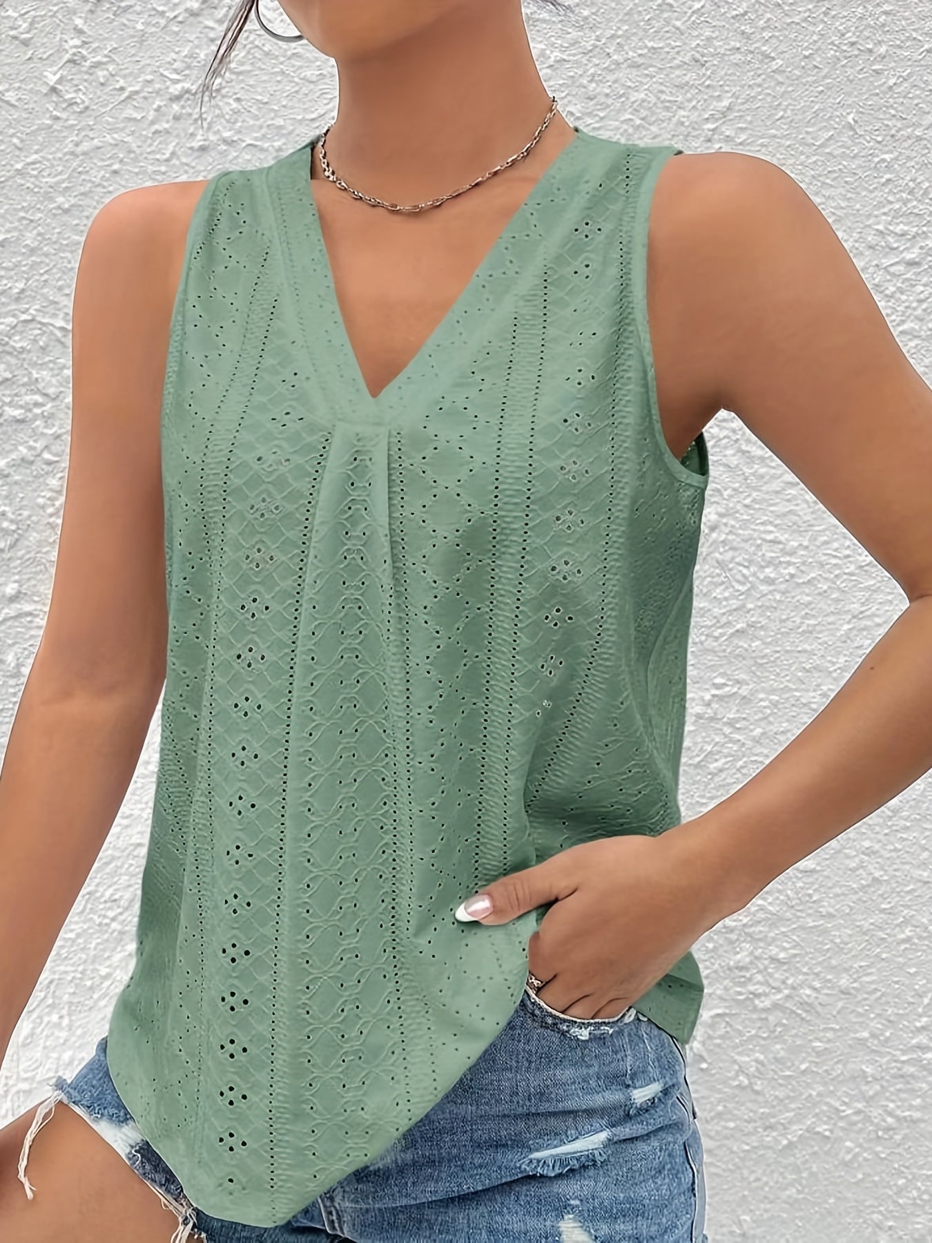 Eyelet V Neck Tank Top Casual Sleeveless Tank Top