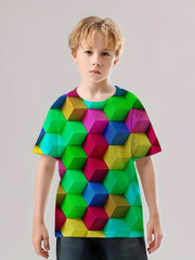 Boys 3D Cube Graphic T Shirt Active Stretchy Perfect Summer Outing