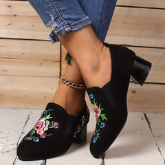 Floral Embroidered Slip On Chunky Heel Shoes