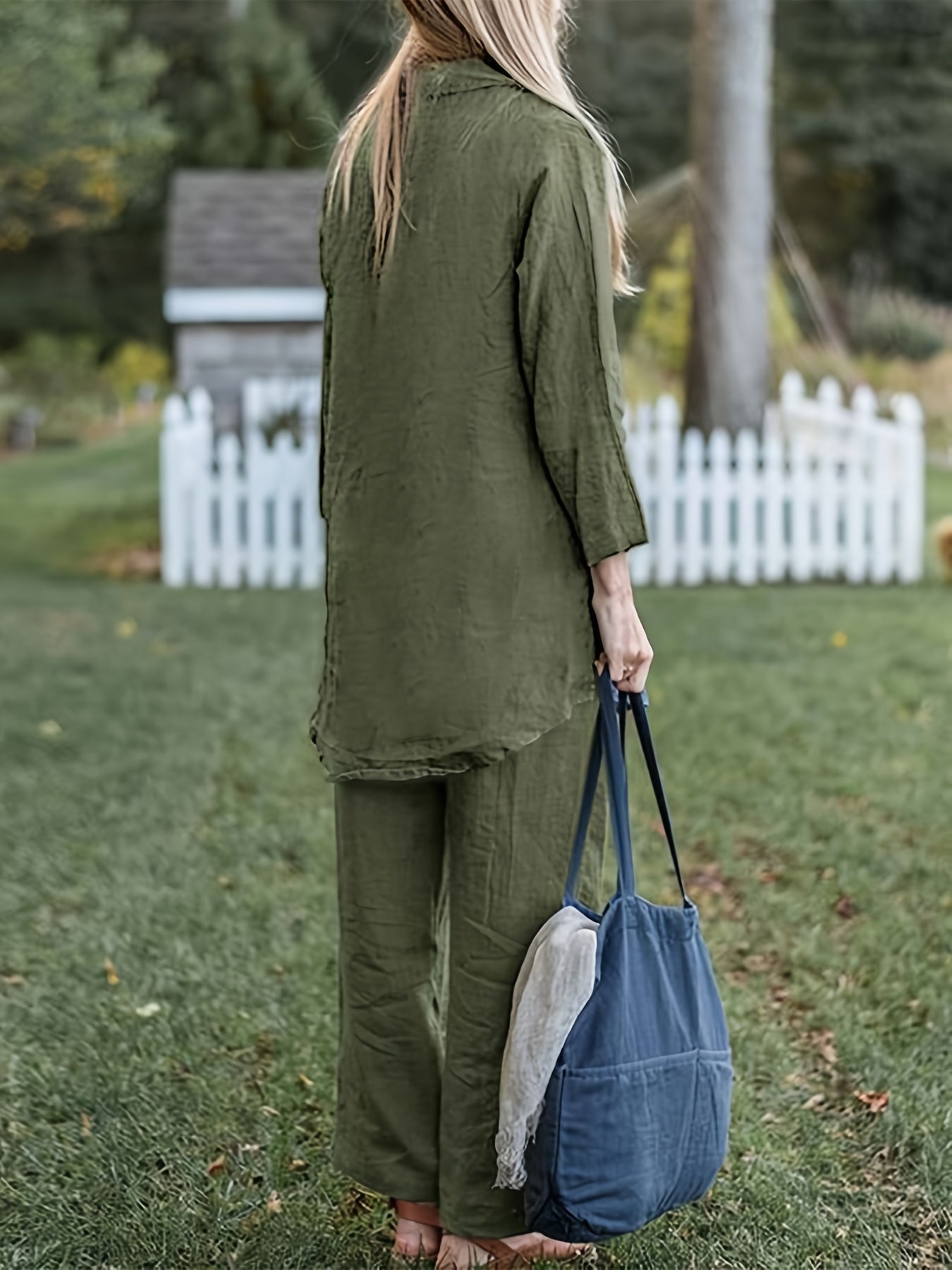 Women's Plus Solid Long Sleeve Shirt & Pants Outfit Set