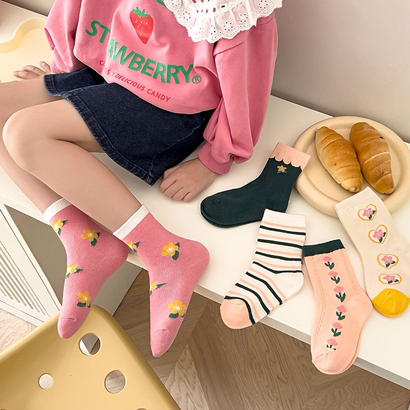 5 Pairs Girls Flower Love Print Cotton Crew Socks Kids Children Spring Autumn