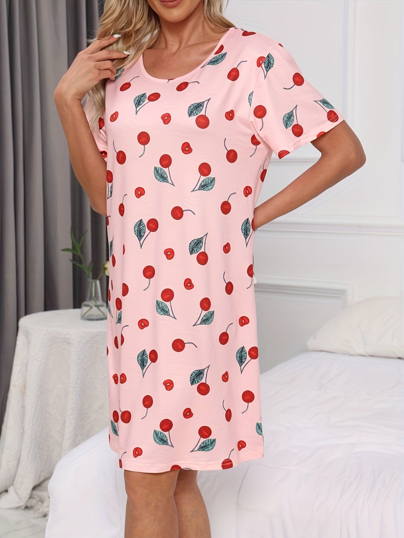 Cherry Print Lounge Dress Short Sleeve Women's Sleepwear