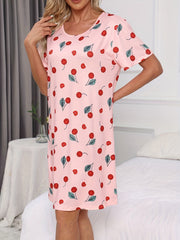 Cherry Print Lounge Dress Short Sleeve Women's Sleepwear