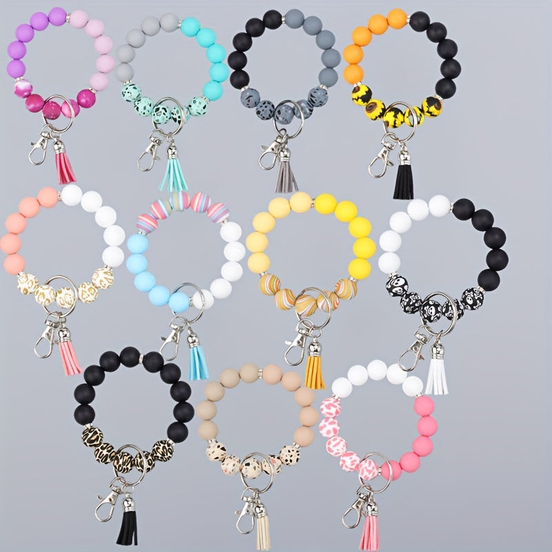 Silicone Beaded Bracelet Keychain with Tassel