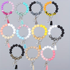 Silicone Beaded Bracelet Keychain with Tassel