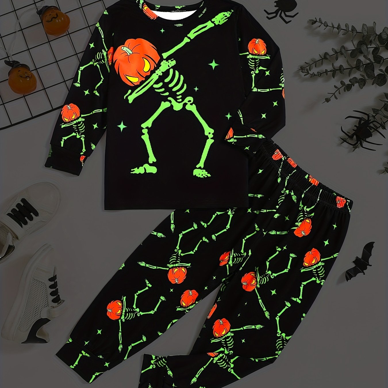 Boys Halloween 2pcs Sweatshirt & Sweatpants Set Pumpkin Skeleton Print