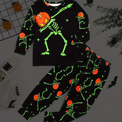 Boys Halloween 2pcs Sweatshirt & Sweatpants Set Pumpkin Skeleton Print