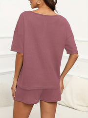 Casual Two Piece Set Short Sleeve Drop Shoulder Tops & Drawstring Shorts