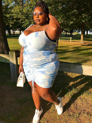 Tie Dye Tie Shoulder Drawstring Mini Cami Dress