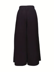 Solid Pleated Wide Leg Pants Dual Pockets High Waisted Pants