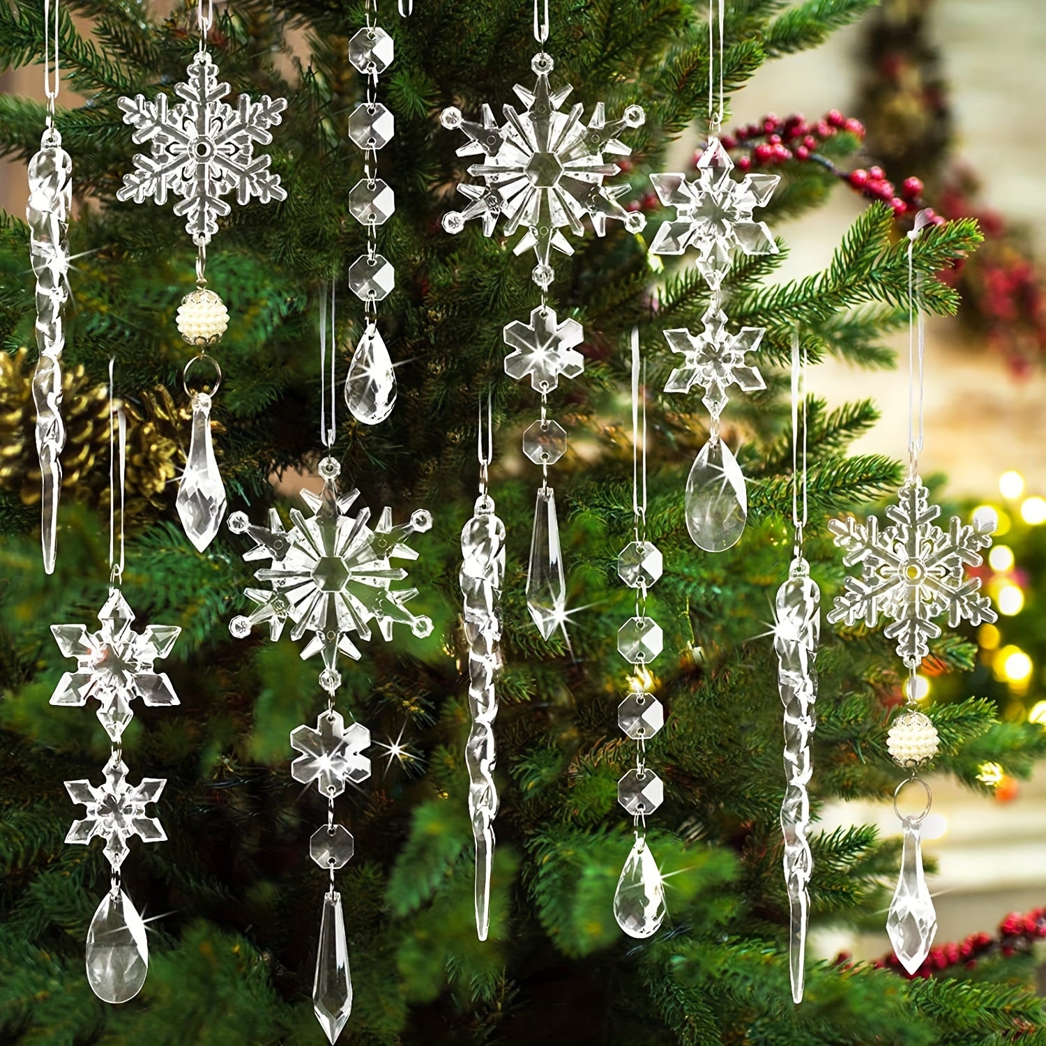 10pcs Acrylic Snowflakes Icicle Hanging Decoration Christmas Tree Supplies