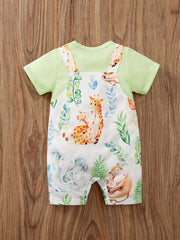 Newborn Infant Suspender Splicing Romper Cartoon Animals Graphic Short Sleeve